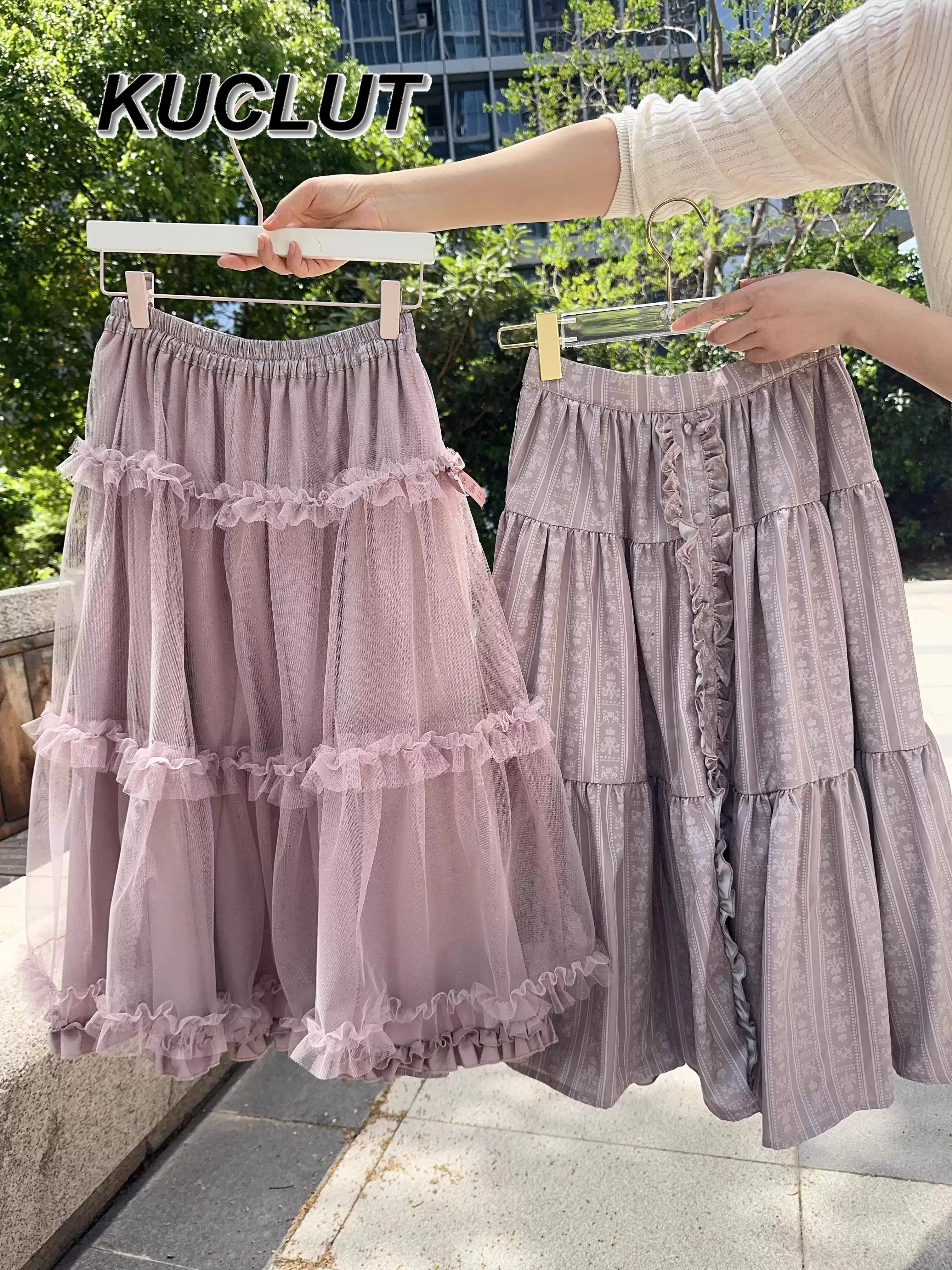 กระโปรงทรงเอ midi สไตล์ฝรั่งเศสสำหรับผู้หญิง ฤดูร้อน-ฤดูใบไม้ร่วง น่ารัก สวมใส่ได้สองด้าน เอวยางยืดอเนกประสงค์ ทรงเค้ก สไตล์ลำลอง