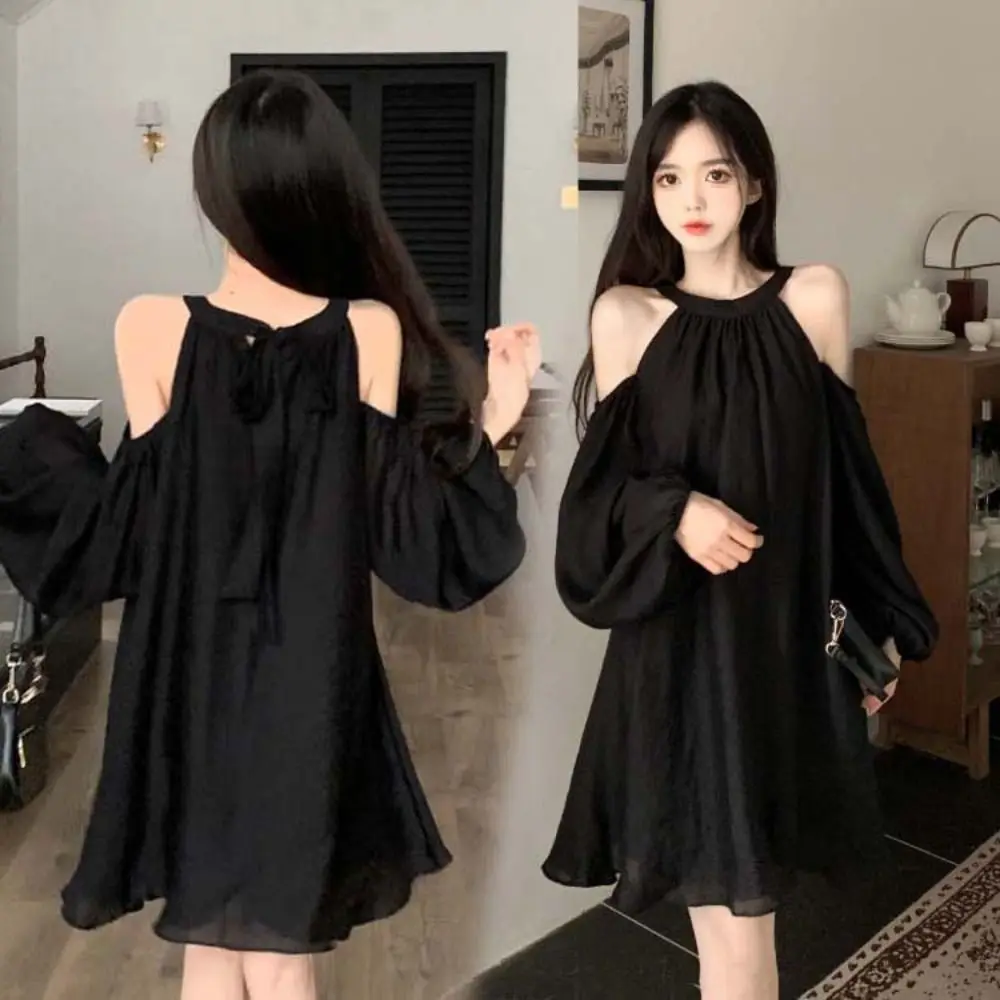 

Sweet Lantern Sleeve Off Shoulder Halter Dress Korean Style Thin Halter Mini Dress Elegant Beachwear A-line Short Skirt Beach
