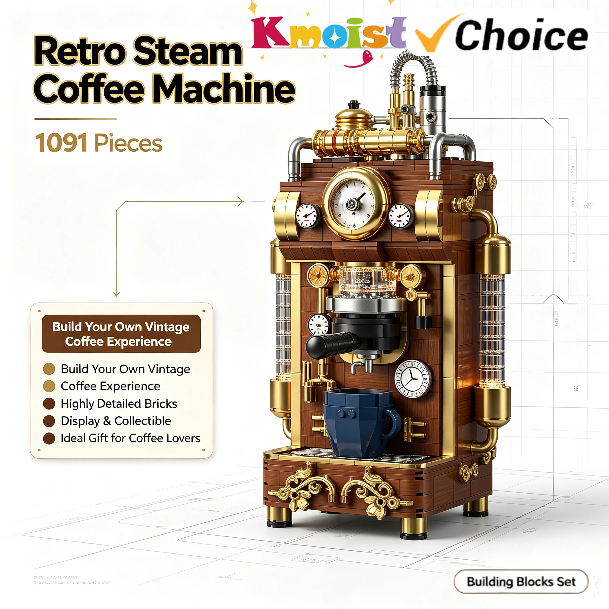 

Retro Steam Coffee Machine Bricks Block Creative Building Blocks DIY Assembly Toy Decorative Ornament Gifts for Adult Home Decor