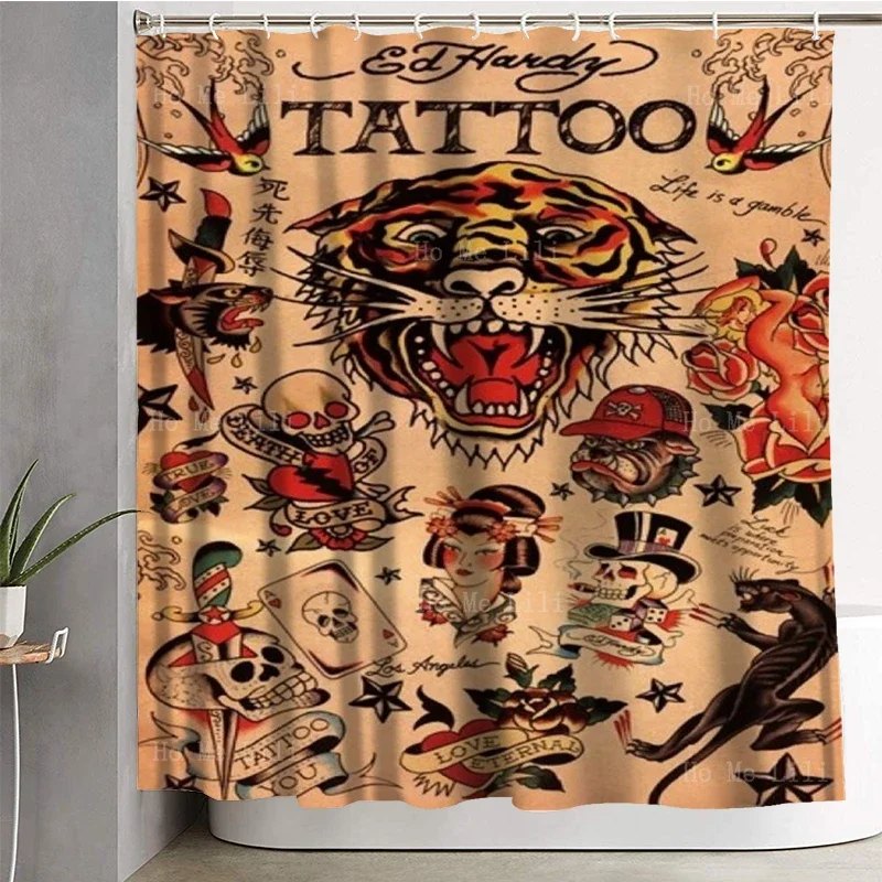 Tattoo Art Collage Poster Print Dragons And Skulls Tiger Ukiyoe With Hidden Images Shower Curtain By Ho Me Lili Bathtub Decor