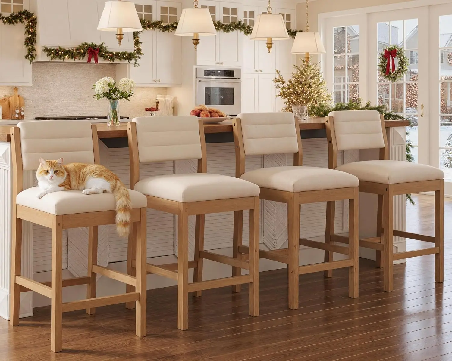 

26.5'' Tall Bar Stools Set of 4 Modern Counter Stools with Backs Beige Linen Upholstered Bar Height Chairs Counter Height Island