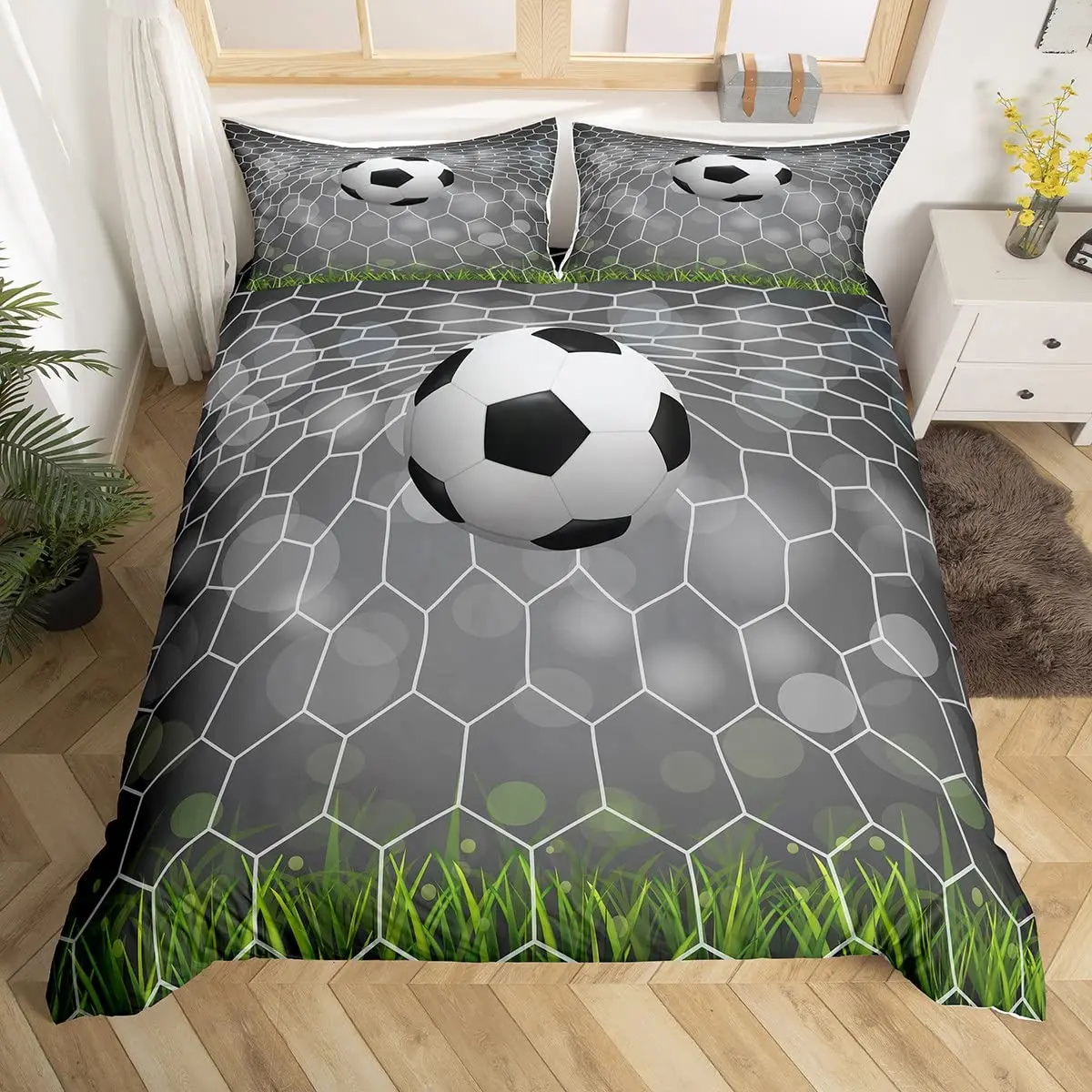 Boys Teens Soccer Bedding Set Football Field Goal Comforter Cover Summer Team Sports Game Duvet Cover Fantasy Bubble Quilt Cover