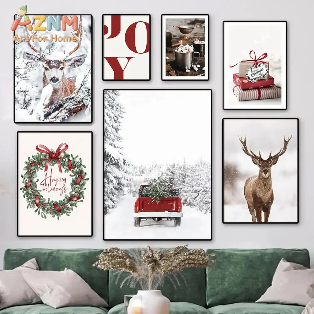 AZNM Neutral Christmas Canvas Wall Art Winter Deer Red Truck Wreath Gift Hot Cocoa Holiday Festive Xmas Unframed Canvas Home Dec