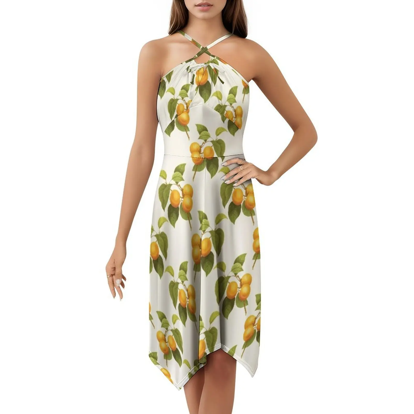 فستان كلاسيكي بنمط المشمش على الطراز الكوري للنساء فستان كاجوال أنيق للحفلات أو الارتداء اليومي أوراق المشمش والبرتقال