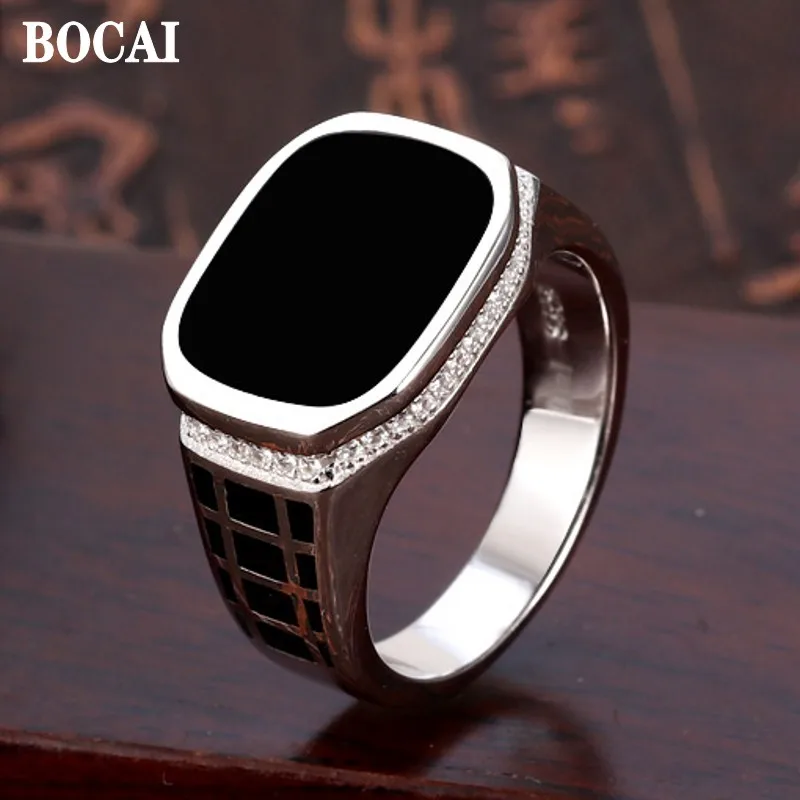 BOCAI New Solid Pure 100% S925 Silver Retro Craft Simple Trend Inlaid Black Agate Men's Ring Fashion Jewelry Accessories