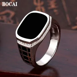 BOCAI New Solid Pure 100% S925 Silver Retro Craft Simple Trend Inlaid Black Agate Men's Ring Fashion Jewelry Accessories