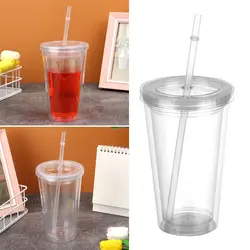 500ml Reusable Double-layer Plastic Transparent Drinking Cup Water Bottle With Lid Straw Cup Outdoor Drink Tea Milk Mug Tools