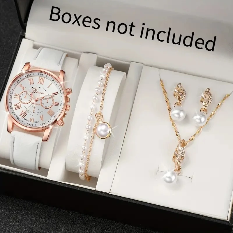 Ladies fashion personality Roman numerals belt quartz watch + Pearl rhinestone jewelry set