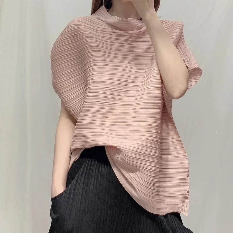 Ladies Solid Color Pleated Fold Tops Korean Femme Fashion Short Sleeved T-shirt Summer Women High-end Stand Collar Casual Shirts