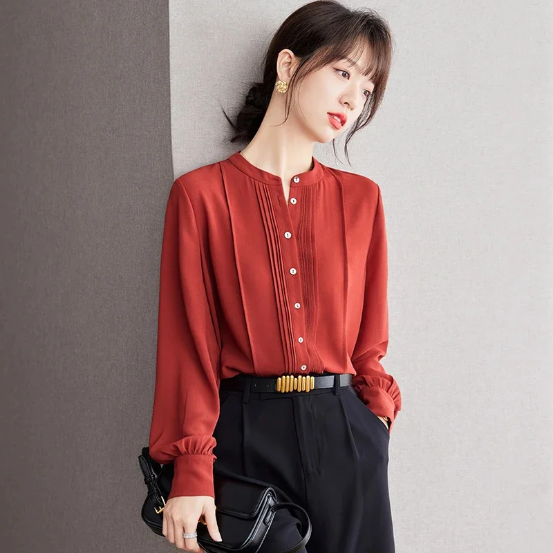 Office Lady Elegant Solid Color Pleated Commute Top for Women 2025 Spring Autumn Long Sleeve Single-breasted Slim Causal Blouse