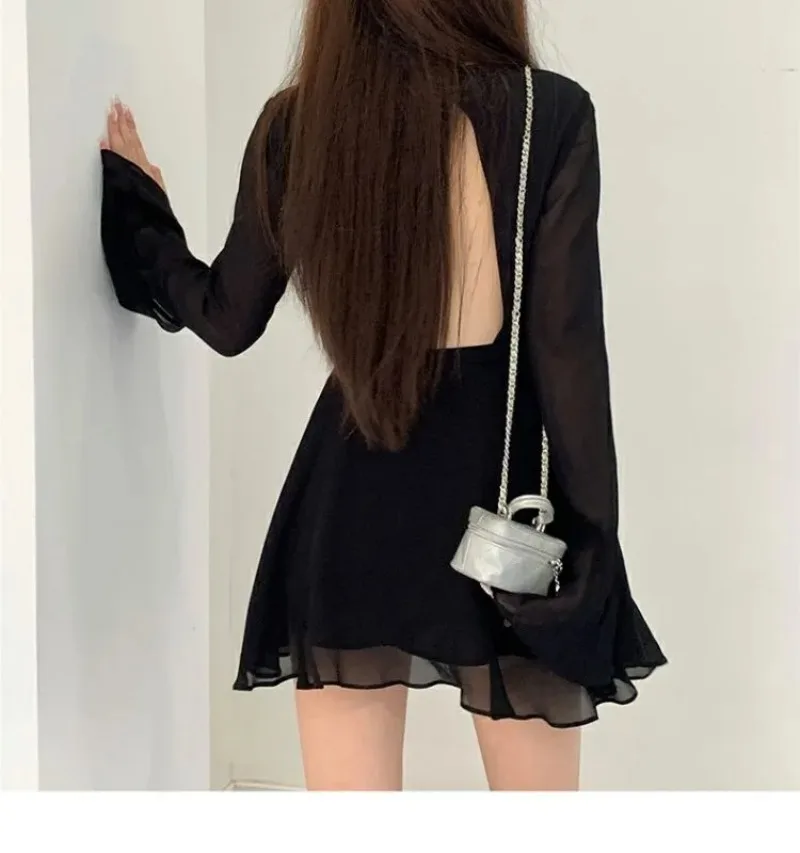 Backless Black Mini Dress Women Back Hollow Out Lace-up Vestidos French Elegant Mesh Patchwork Sexy Slim Ruffle Party Dress 원피스