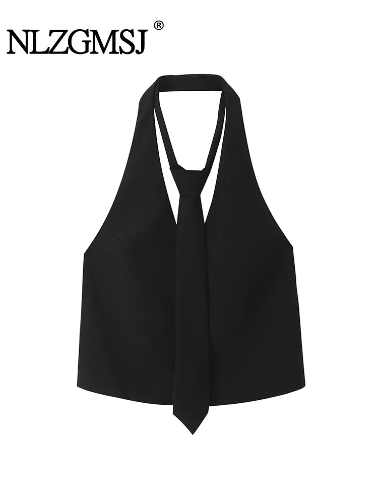 

NLZGMSJ винтажные сексуальные шикарные женские топы с лямкой на шее, однотонные короткие жилеты без рукавов с v-образным вырезом, модные вечерние топы