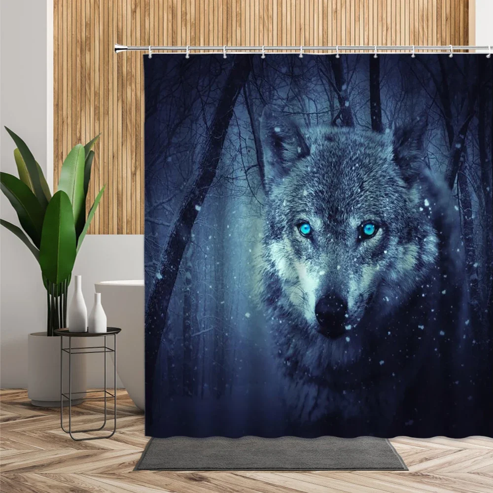 Wild Wolf Animal Shower Curtain Snow Night Scenic Bath Curtains Bathroom Decoration Waterproof Fabric Bathtub Screen with Hooks
