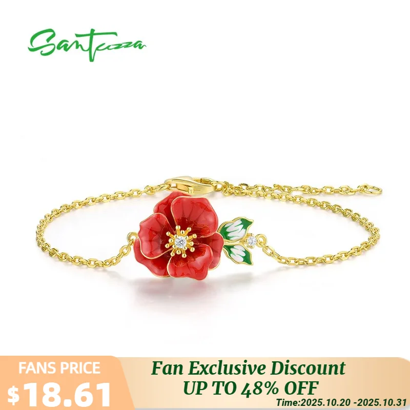 

SANTUZZA Pure 925 Sterling Silver Adjustable Bracelet For Women Delicate Red Ename Flower Wedding Anniversary Gifts Fine Jewelry
