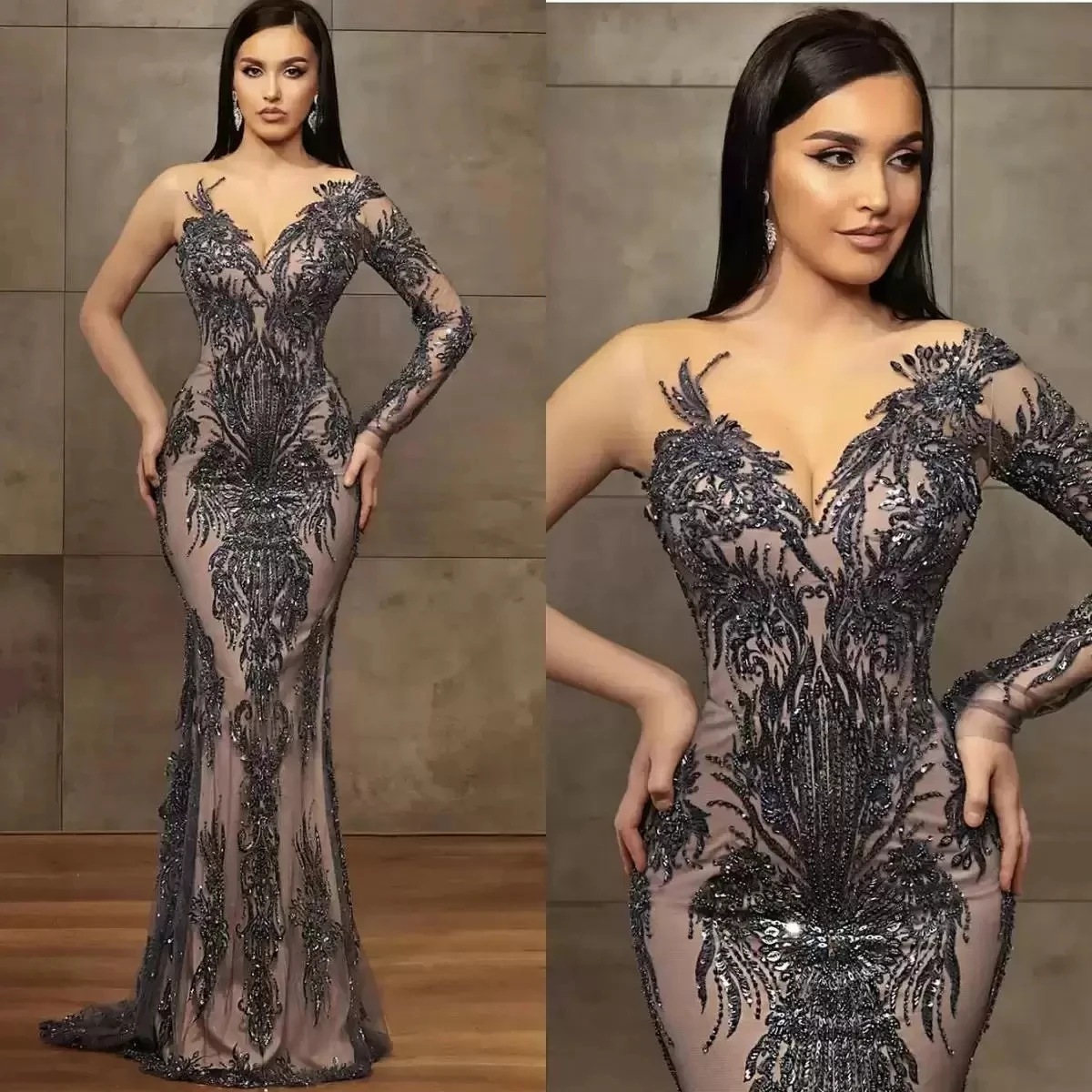 Sexy Prom Dresses One Long Sleeve V Neck Sequins 3D Lace Appliques Hollow Celebrity Fashion Mermaid Evening Dresses Custom Made