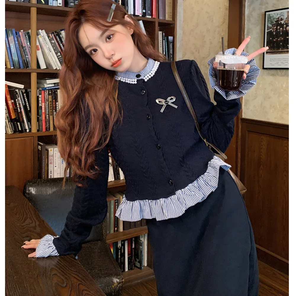 

Preppy Style Women Falls Matching Clothing Sets 2024 Spring Autumn Lady Sweet Patchwork Slim Flare Sleeve Shirts Skirts Suits