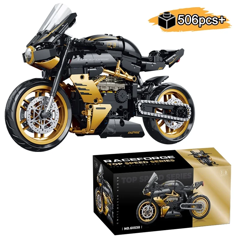 

2026 New Technical Black Gold Motorcycle Model Building Blocks DIY Creative Assembly STEM Toy Birthday Gift for Boys Kids 506pcs