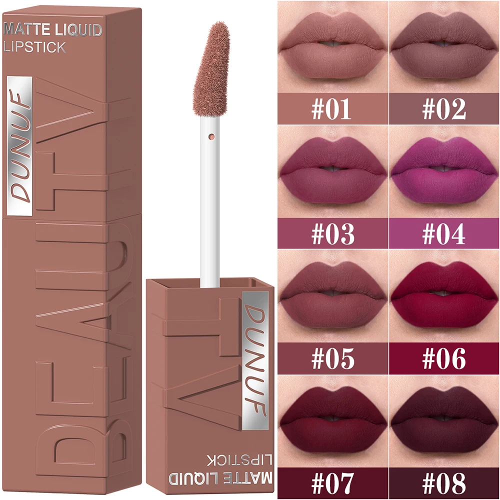 8 Kolorów Nude Brązowy Matowy Płynny Szminka Aksamitna Sexy Ciemnoczerwona Błyszczyk do Ust Nieprzywierający Niełatwo Blaknący Błyszczyk do Ust Makijaż