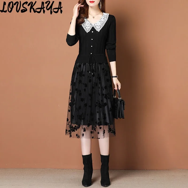 

New Long sleeved Knitted Mid length Skirt with pleats fresh style lapel and lace dress for women