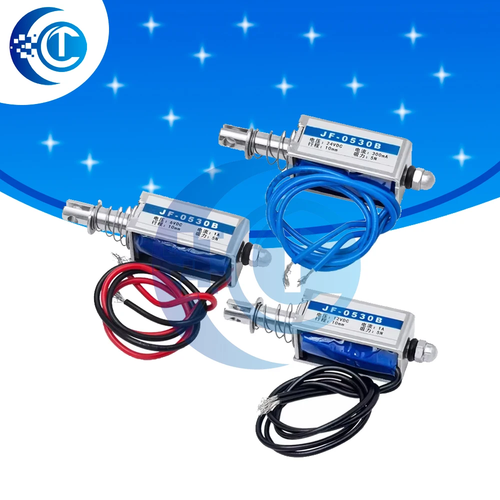 JF-0530B DC 6V/12V/24V Push-Pull Open Frame Electromagnet, 5N Holding Force, 10mm Stroke Linear Solenoid