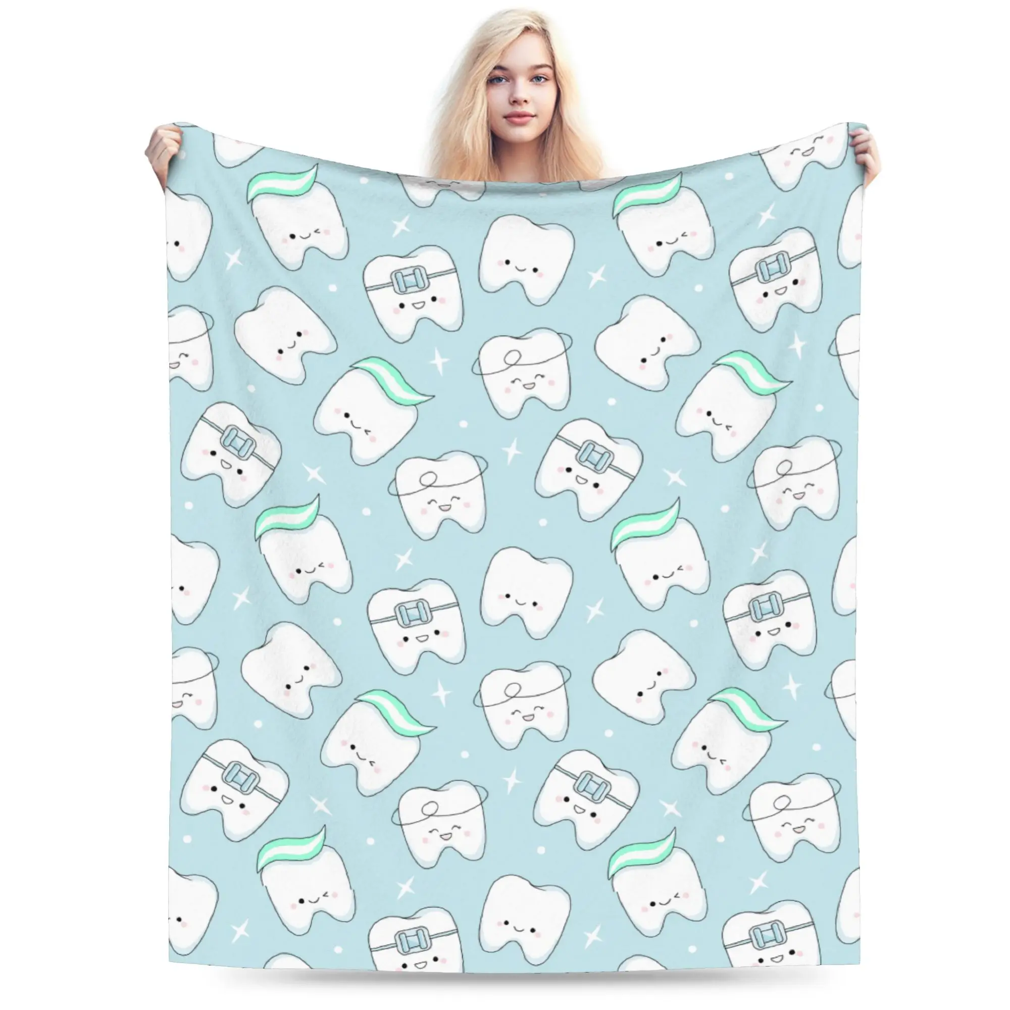 Custom Cute Teeth Dentist Cartoon Pattern Blankets Warm Flannel  Throw Blanket for Sofa Bedroom Bedding