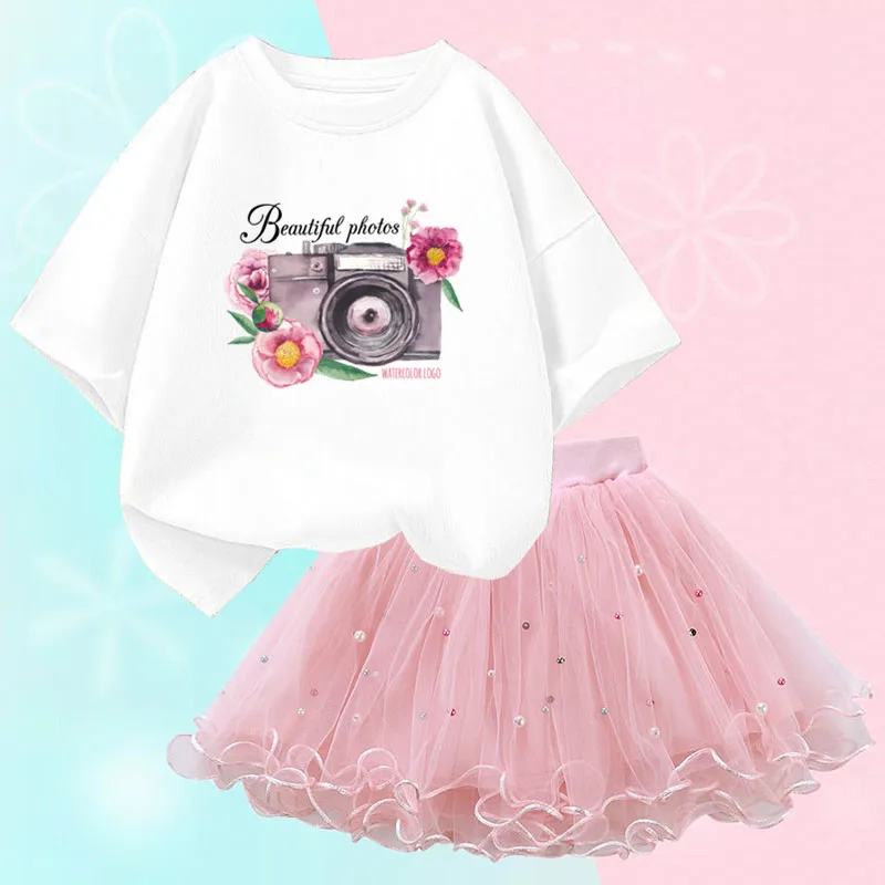 Fashion Girls Clothes Suit 2024 Summer Baby Girl Flower Camera Short-sleeved T-shirt+Fluffy Skirt 2pcs Clothes Sets Party Outfit