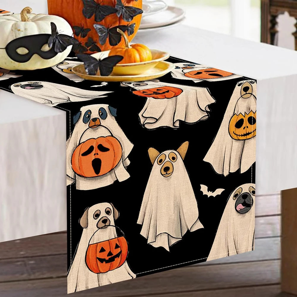 Halloween Spooky Ghost Table Runner Dog Pumpkin Table Runner  Polyester Spider Web Skull Tablecloth Party Halloween Decoration