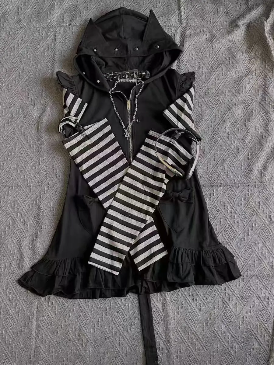 Hollow Out Striped Tops Autumn Spring Y2K Clothes Rivet Cat Ear Sleeveless Zip Up Hooded Coat with Tail New in Matching Sets