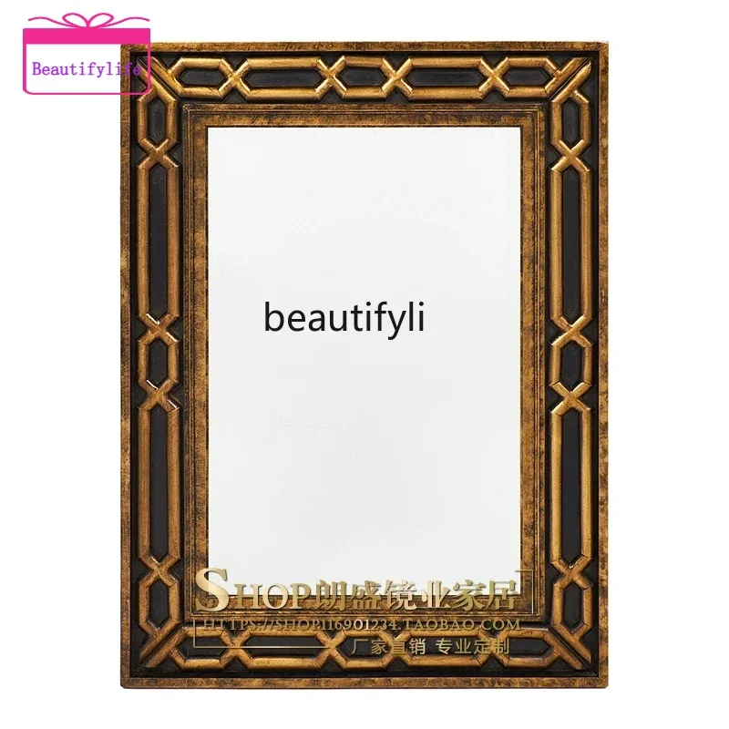 YL  Neoclassical art entrance wall hanging mirror, American living room background wall creative wood carving hanging mirror