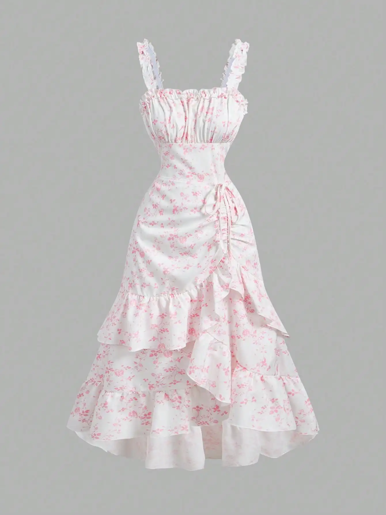 

Белое платье с розовым цветочным принтом и рюшами на рукавах, романтическое винтажное платье для женщин, летний наряд в стиле бохо для чаепития.