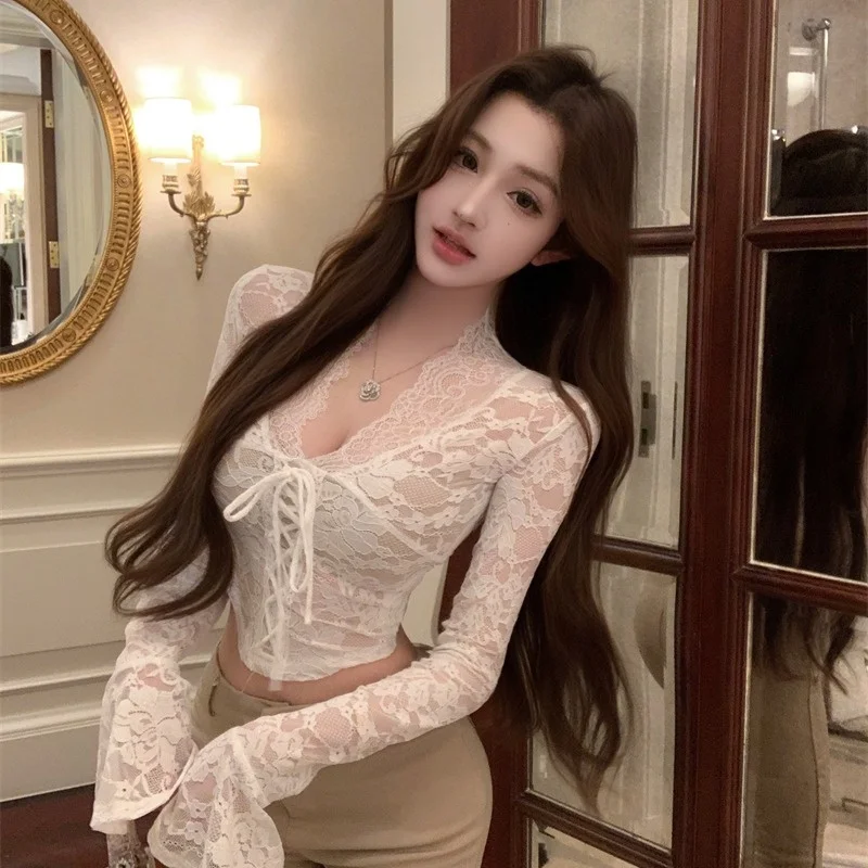 Elegant Black V-neck Lace Shirt Women's Long Sleeve Hollow out Fashionable Top Spring Autumn Seasonal New Style Versatile