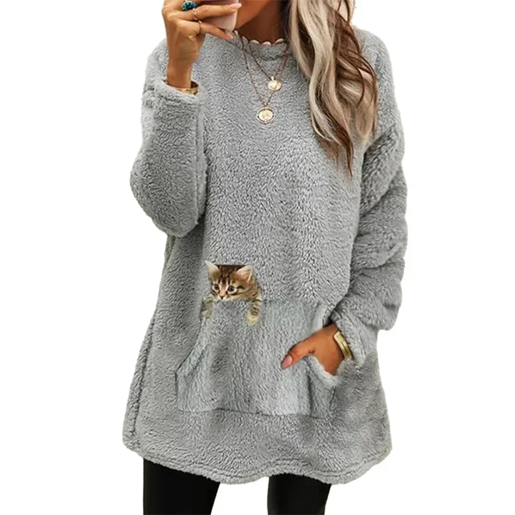 Ladies Autumn Pullover Pocket Cat Printed Sweatshirt Fleece Lined Women Solid Casual Holiday Fashion Home Loose Tops Hoodies