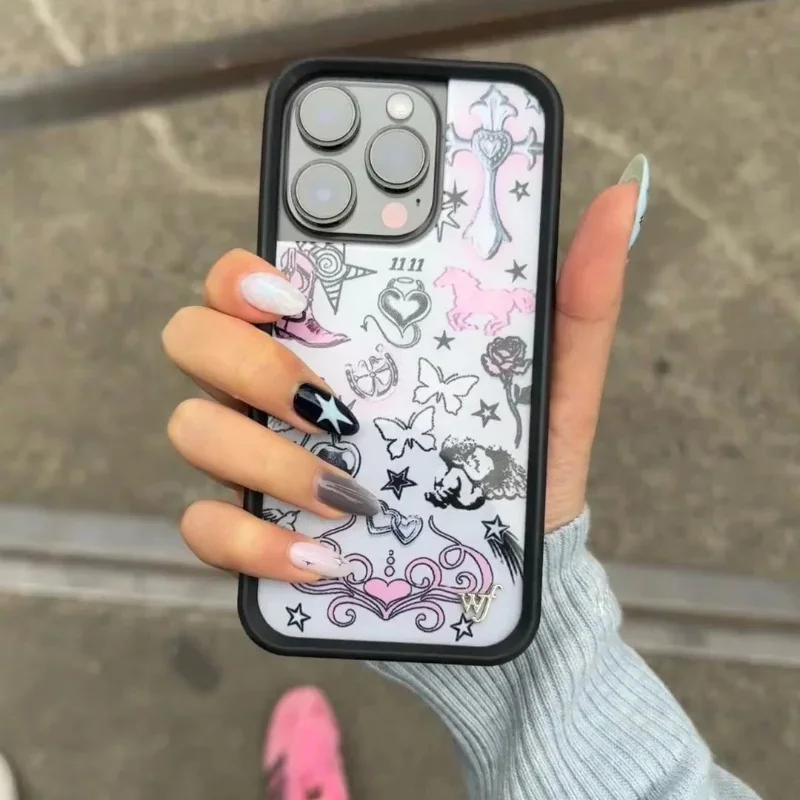 حافظة لهاتف آيفون 12 13 14 15 16 17 Pro Max Plus wf بكعب عالٍ متقاطع على شكل زهرة برية ﻿