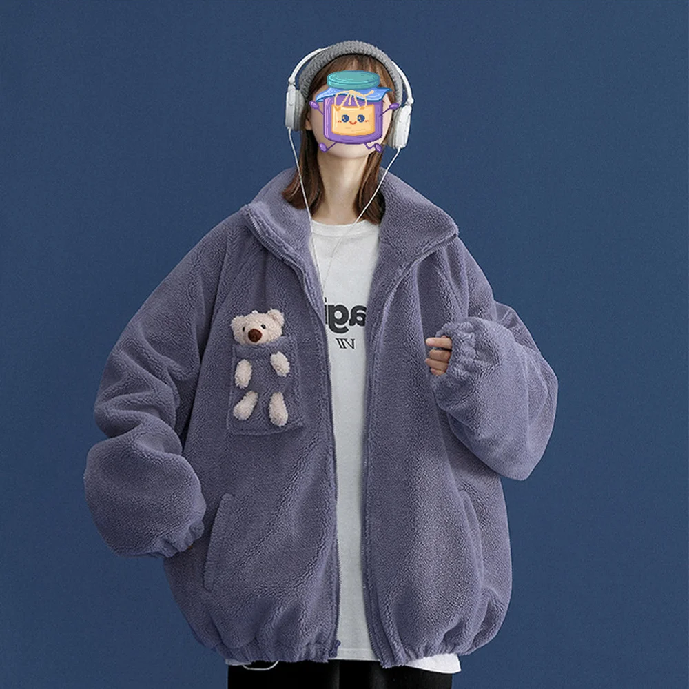 Lamb Fur Bear Coat Female Autumn and Winter Unique Fashion Design Plus Velvet Thick Ins Lazy Style BF Wind Oversize Zip Up Top