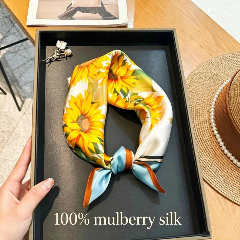 

100% Silk Square Scarf Sunflower Floral Bandana Hijab Fashion Bag Accessory Neck Scarf Lovely Gift for Girlfriend Ladies Daily