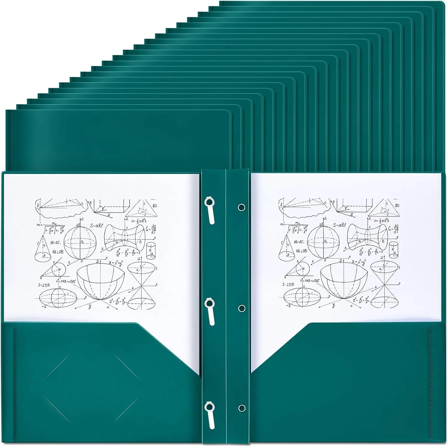 

100 Pcs Plastic Folders with Pockets and Prongs, 2 Pocket for Office School, Dark Green