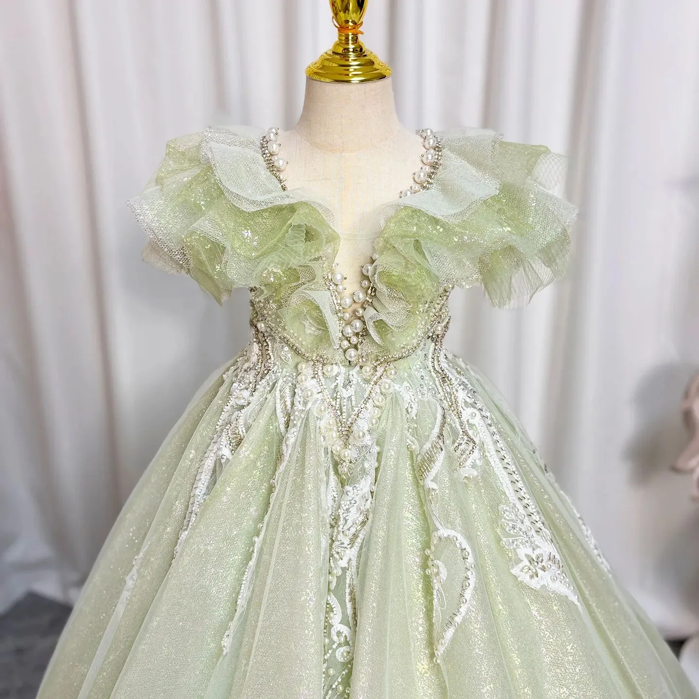 Robes de demoiselle d'honneur vertes personnalisées pour mariage, avec des Appliques en dentelle perlée, robe de bal pour séance photo, robes de première Communion