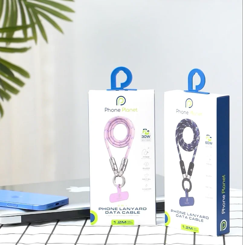 60W 2-In-1 Type-C Lanyard Data Cable Anti-lost Rope PD Fast Charging Cable For Samsung Huawei Xiaomi Alloy Shell PP Braided