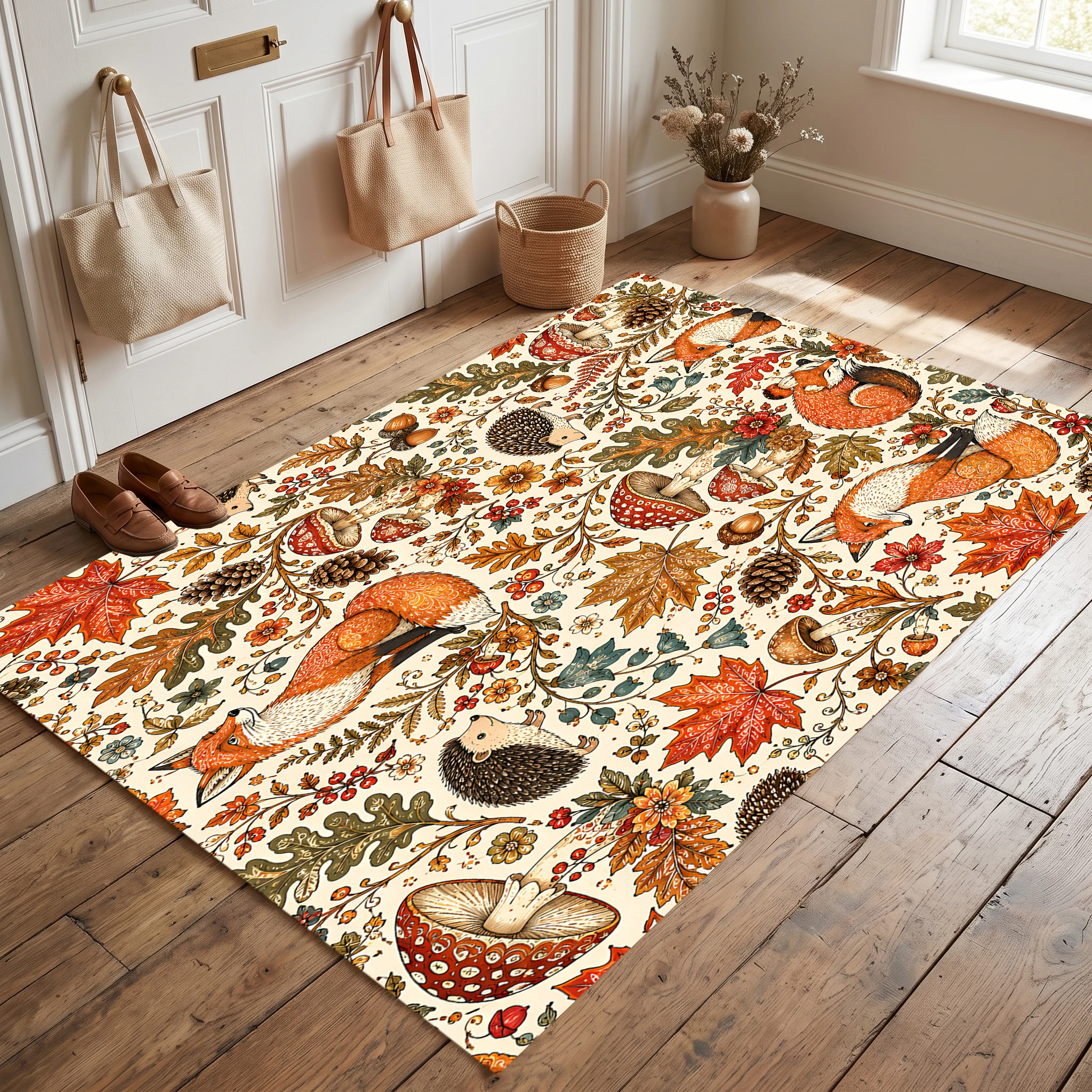 Velvet Rug Forest Fox Hedgehog Maple Mushroom Print Retro Forest for Living Room Bedroom Entryway Decor
