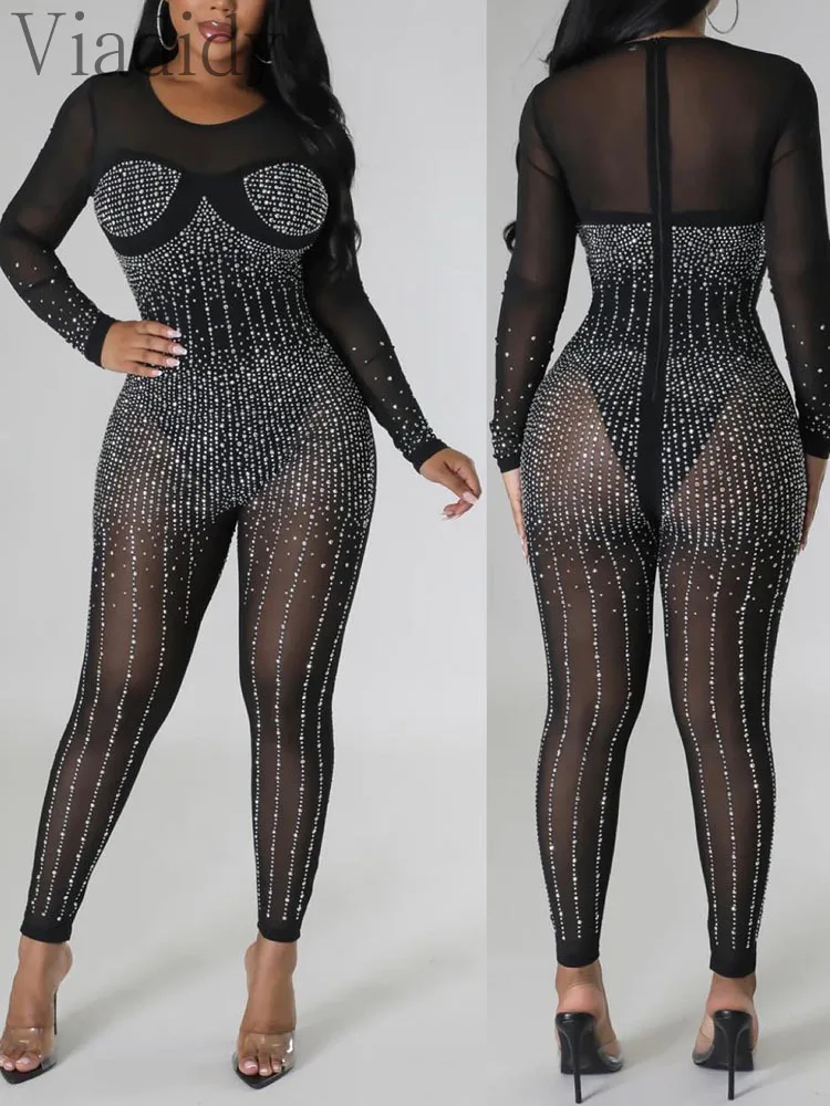 

Women Sexy Mesh Rhinestone Back Zipper Design Skinny Jumpsuit