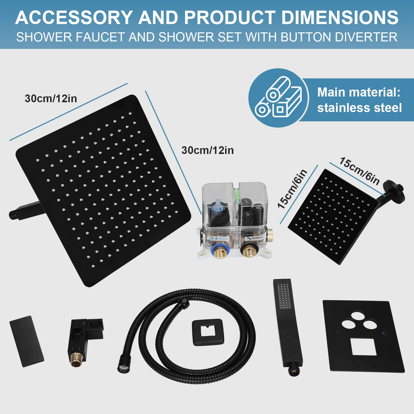 

Shower Trim Kit W/ 12in Ceiling Mount 6in Wall Mount Showers Head Push Button Diverter with 2 in 1 Handheld for Bathroom