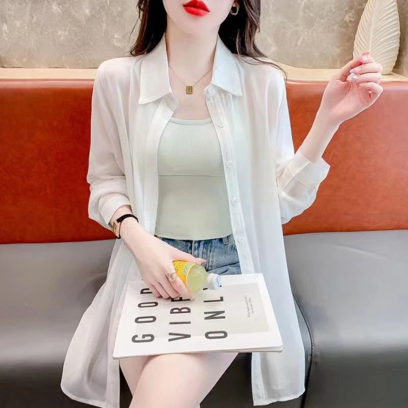 

Women's Ice Silk Thin Sun Protection Shirt Loose Outerwear Long Sleeve Collar Mid-Length Coat Casual Summer Breathable