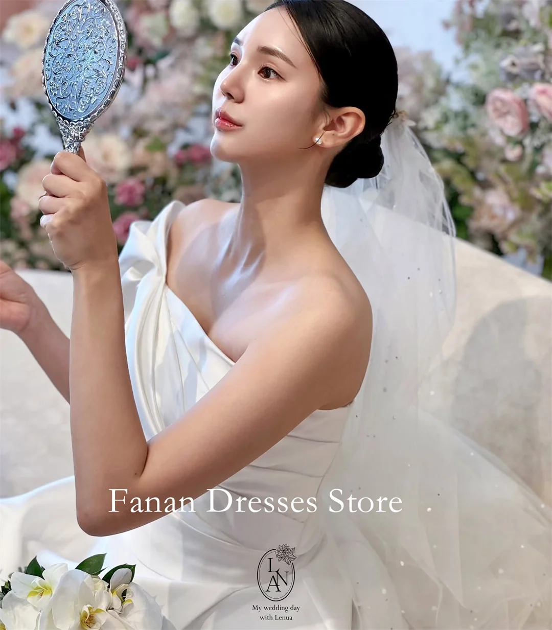 FANAN 원 숄더 한국 a 라인 반팔 새틴 웨딩 드레스 웨딩 드레스 아이보리 맞춤형 예쁜 신부 가운 플러스 사이즈