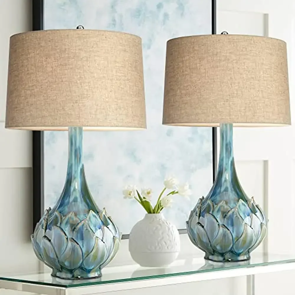 Tropical Coastal Ceramic Table Lamps Set Green Blue Beige Shade Kenya Bedroom 29.5