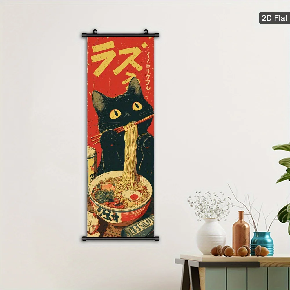 VIKAMA Cat Eating Ramen Wall Art Japanese Anime Poster Canvas Kitchen Living Room Bedroom Decor Red Scroll with Hook