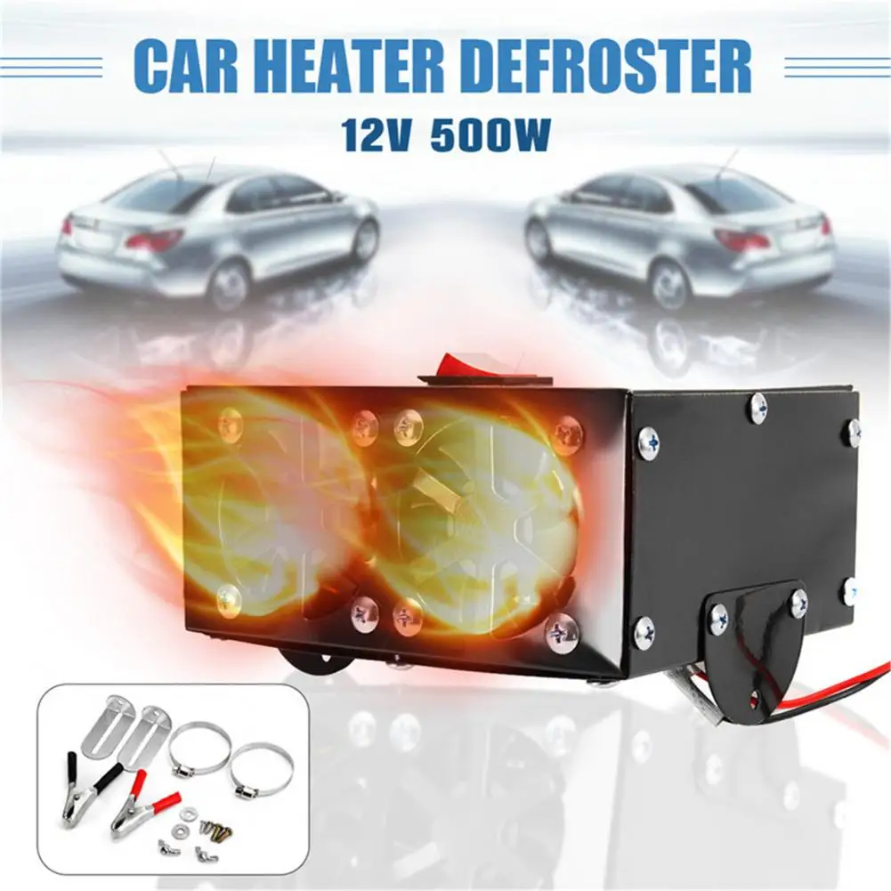 12V Car Electric Heater Low Noise Snow Fog Removal Machine 2 Holes 500W High Power Fast Heating Winter Windshield Defroster