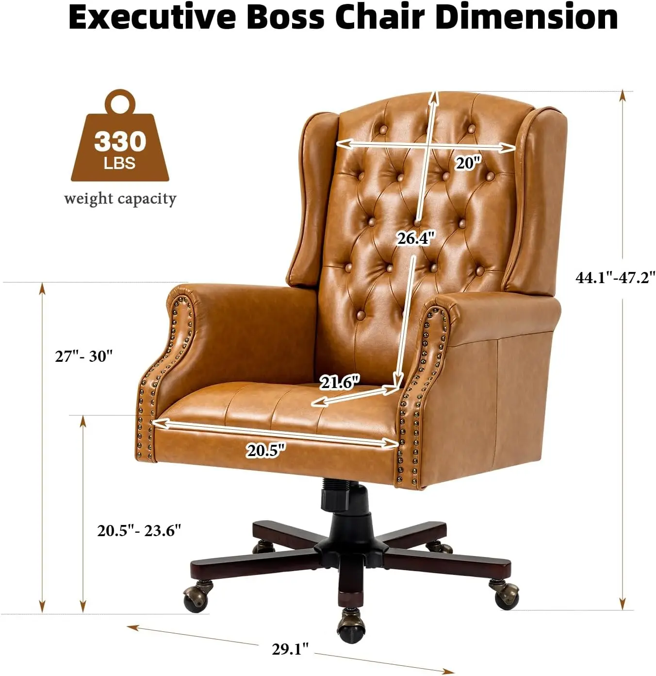 Executive Desk Chair, Ergonomic Home Office Chair, Brown | Faux Leather Wingback Swivel Recliner with Nail Head Trim & Tufted Ba