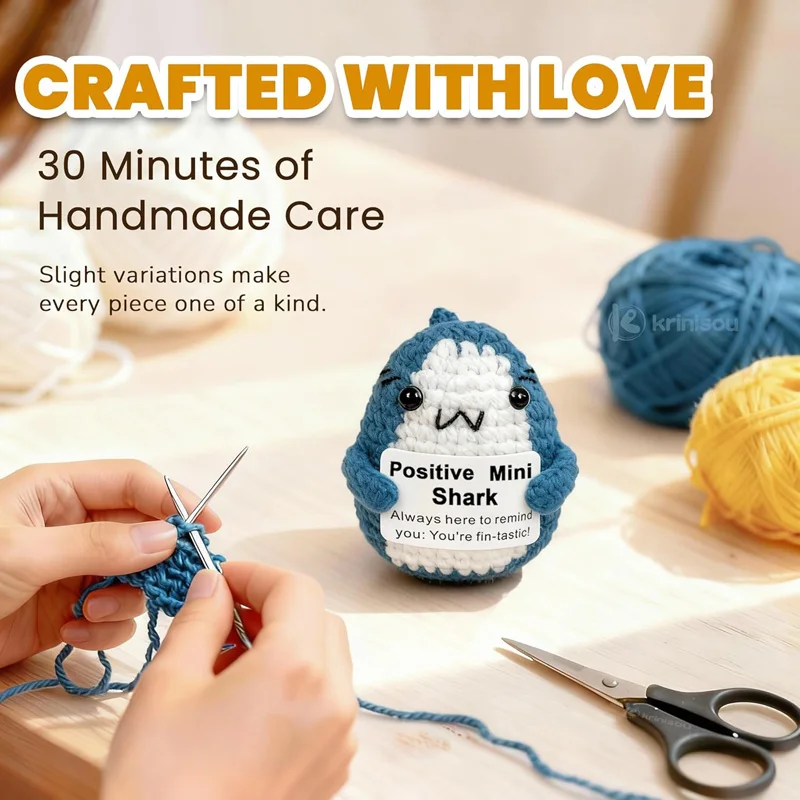 هدية سمك القرش الكروشيه على شكل حيوان إيجابي، قطة عاطفية صغيرة مع رسالة دعم عاطفي محبوكة يدويًا دمية البطريق