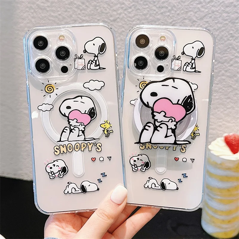 Cartoon Snoopy Holder Phone Case For Apple iPhone 15 14 13 12 11 Pro Max For Magsafe Wireless Charging Magnetic Bumper Cover