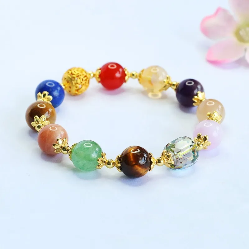 

TIMESWIND Natural Crystal Tiger Eye Stone Multi-color Round Beaded Alloy Lucky Women Bracelet Certificate